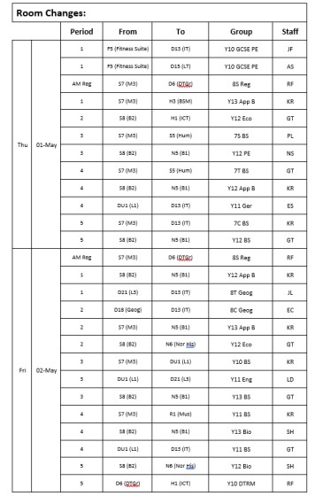 Room Changes - Thursday and Friday 1 and 2 May